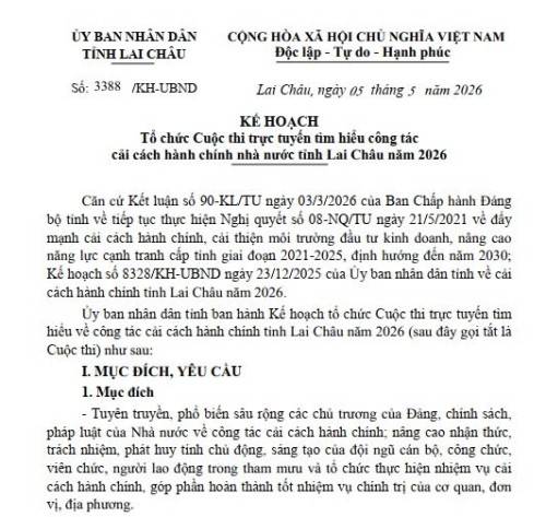 Kê hoạch Tổ chức Cuộc thi trực tuyến tìm hiểu công tác cải cách hành chính nhà nước tỉnh Lai Châu năm 2026