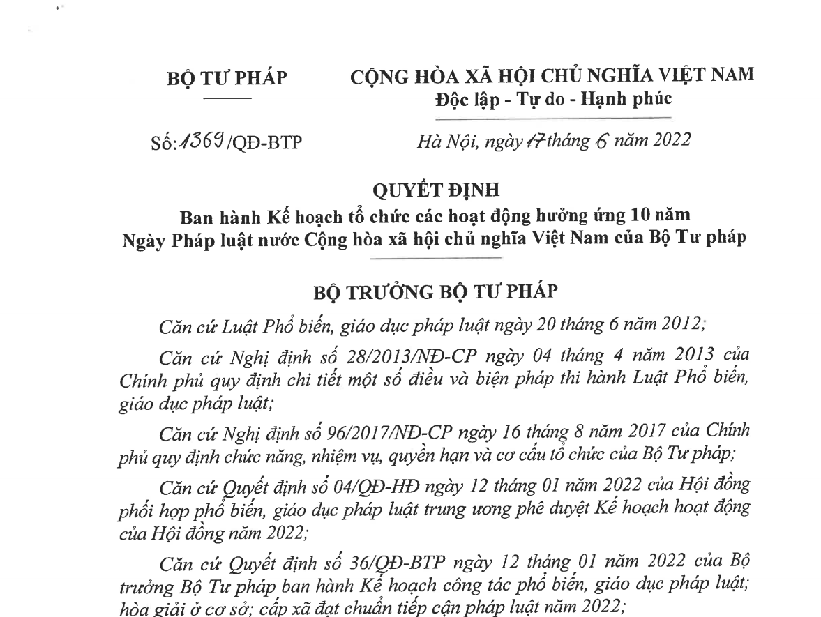 Bộ Tư pháp ban hành Kế hoạch tổ chức các hoạt động hưởng ứng 10 năm Ngày Pháp luật nước Cộng hòa xã hội chủ nghĩa Việt Nam