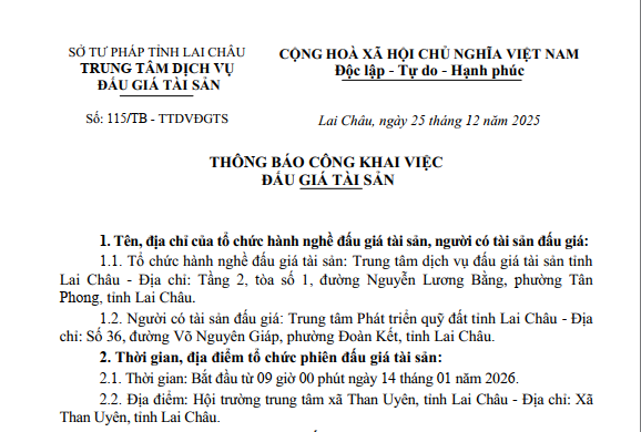 THÔNG BÁO CÔNG KHAI VIỆC ĐẤU GIÁ TÀI SẢN