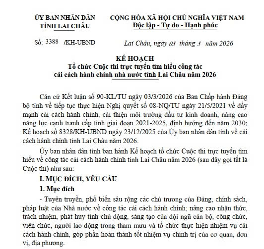 Kê hoạch Tổ chức Cuộc thi trực tuyến tìm hiểu công tác cải cách hành chính nhà nước tỉnh Lai Châu năm 2026