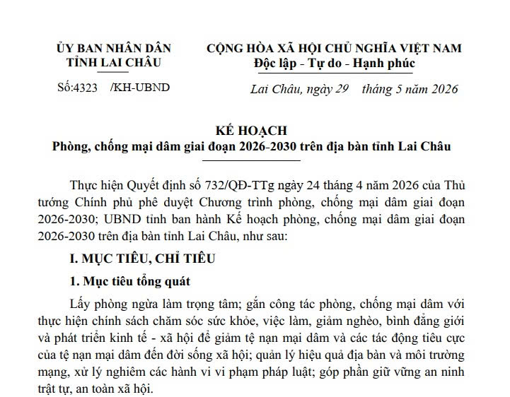 Kế hoạch phòng, chống mại dâm giai đoạn 2026-2030 trên địa bàn tỉnh Lai Châu
