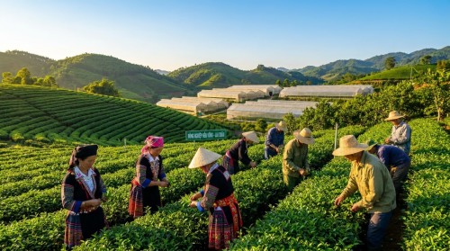 Khung cảnh rực rỡ, tràn đầy năng lượng tích cực tại vùng cao Lai Châu với hình ảnh đồng bào dân tộc thiểu số và nông dân Việt Nam đang rạng rỡ thu hoạch nông sản sạch trên những đồi chè và thung lũng xanh mướt.
