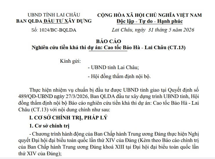 Báo cáo nghiên cứu tiền khả thi dự án: Cao tốc Bảo Hà - Lai Châu (CT.13